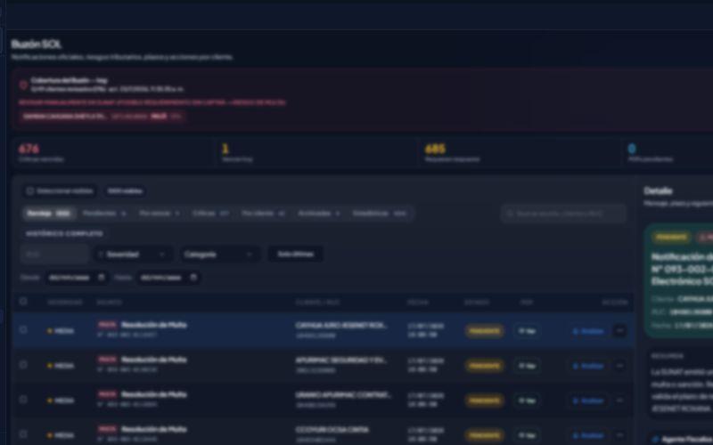 Buzón SOL real de ContaBuz Pro con notificaciones SUNAT priorizadas por cliente y periodo para contadores peruanos